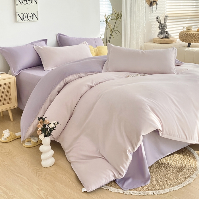 91家纺网 家纺一手货源 找家纺 楠沐 2025年新款纯色双拼水洗棉柔感四件套 奶粉色+泡泡紫