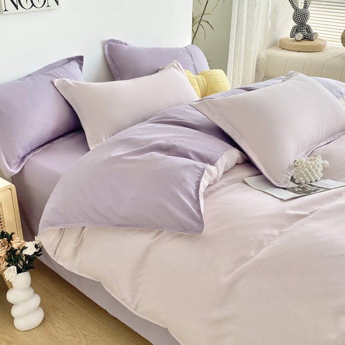 91家纺网 家纺一手货源 找家纺 楠沐 2025年新款纯色双拼水洗棉柔感四件套 奶粉色+泡泡紫