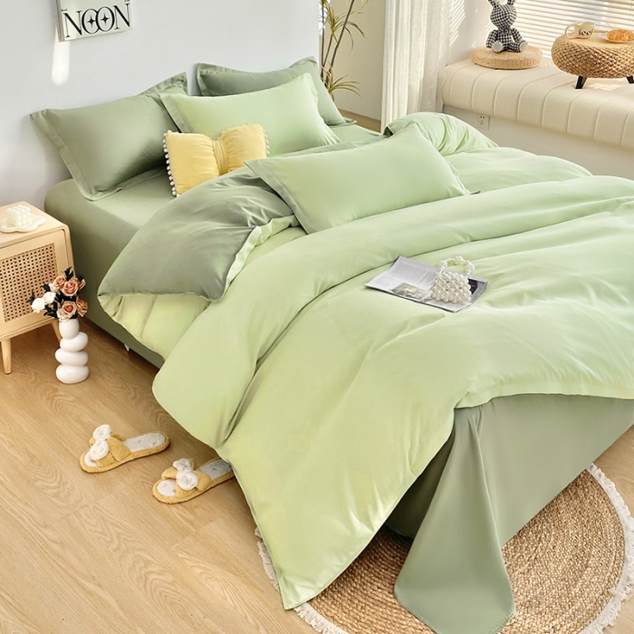 91家纺网 家纺一手货源 找家纺 楠沐 2025年新款纯色双拼水洗棉柔感四件套 奶绿+深绿