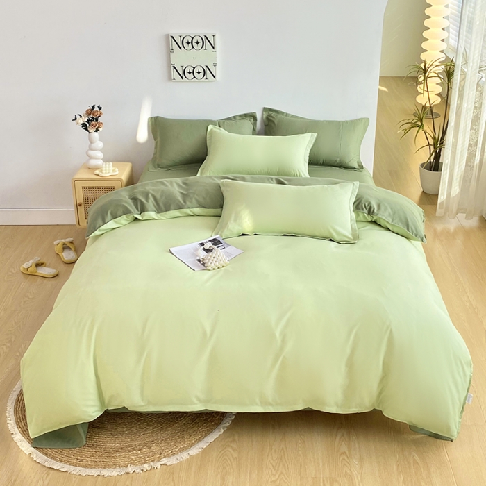 91家纺网 家纺一手货源 找家纺 楠沐 2025年新款纯色双拼水洗棉柔感四件套 奶绿+深绿