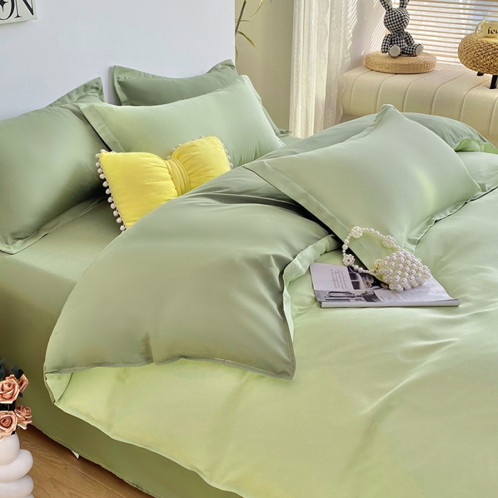 91家纺网 家纺一手货源 找家纺 楠沐 2025年新款纯色双拼水洗棉柔感四件套 奶绿+深绿