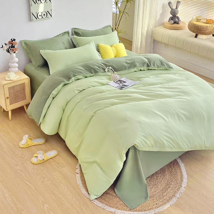 91家纺网 家纺一手货源 找家纺 楠沐 2025年新款纯色双拼水洗棉柔感四件套 奶绿+深绿