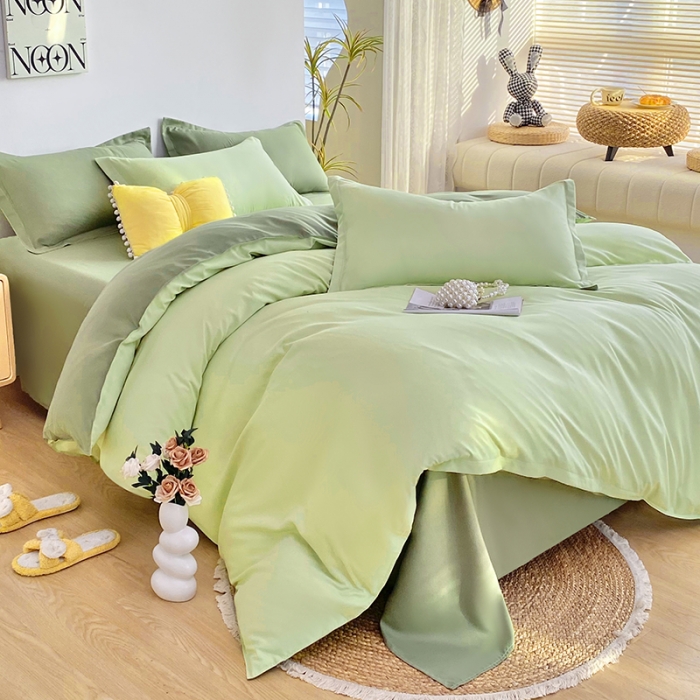 91家纺网 家纺一手货源 找家纺 楠沐 2025年新款纯色双拼水洗棉柔感四件套 奶绿+深绿