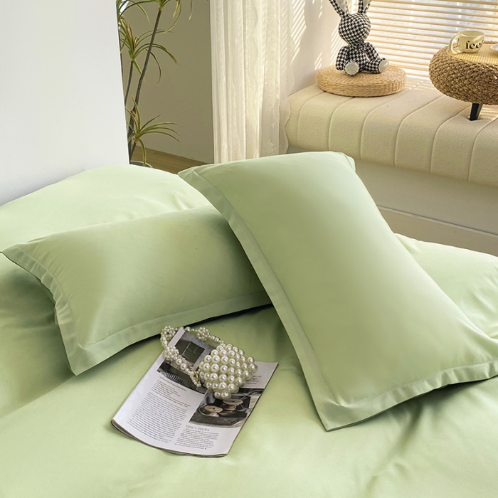91家纺网 家纺一手货源 找家纺 楠沐 2025年新款纯色双拼水洗棉柔感四件套 奶绿+深绿
