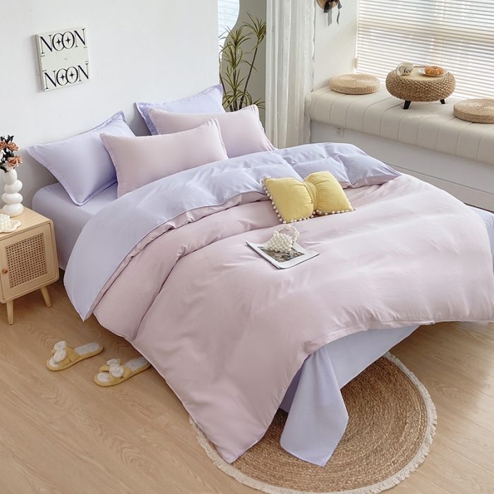 91家纺网 家纺一手货源 找家纺 楠沐 2025年新款纯色双拼水洗棉柔感四件套 浅粉+浅紫