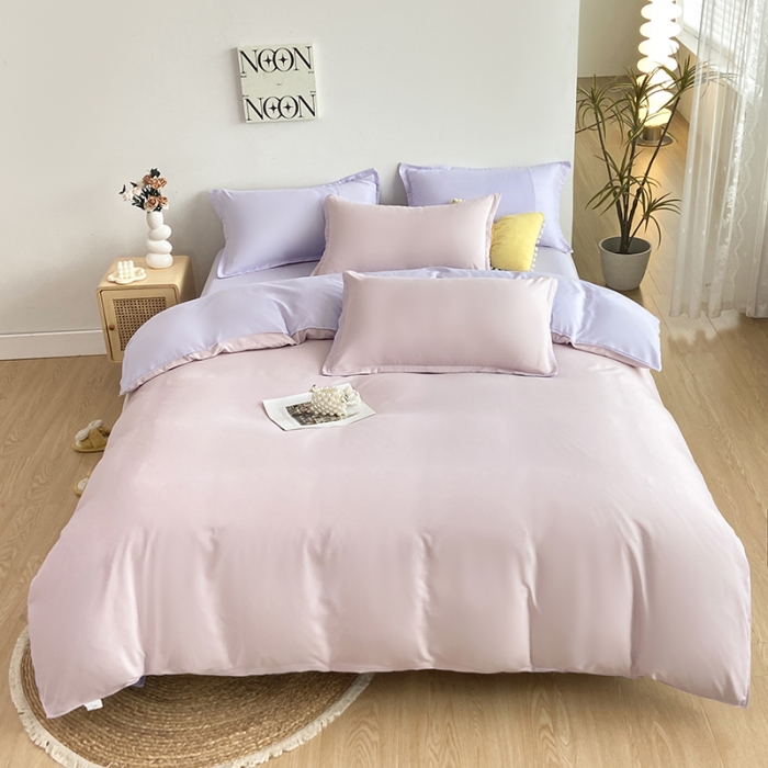 91家纺网 家纺一手货源 找家纺 楠沐 2025年新款纯色双拼水洗棉柔感四件套 浅粉+浅紫