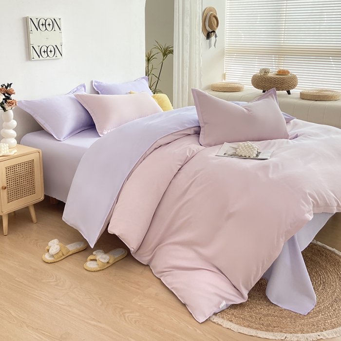 91家纺网 家纺一手货源 找家纺 楠沐 2025年新款纯色双拼水洗棉柔感四件套 浅粉+浅紫