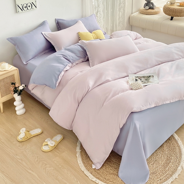 91家纺网 家纺一手货源 找家纺 楠沐 2025年新款纯色双拼水洗棉柔感四件套 浅粉+浅紫