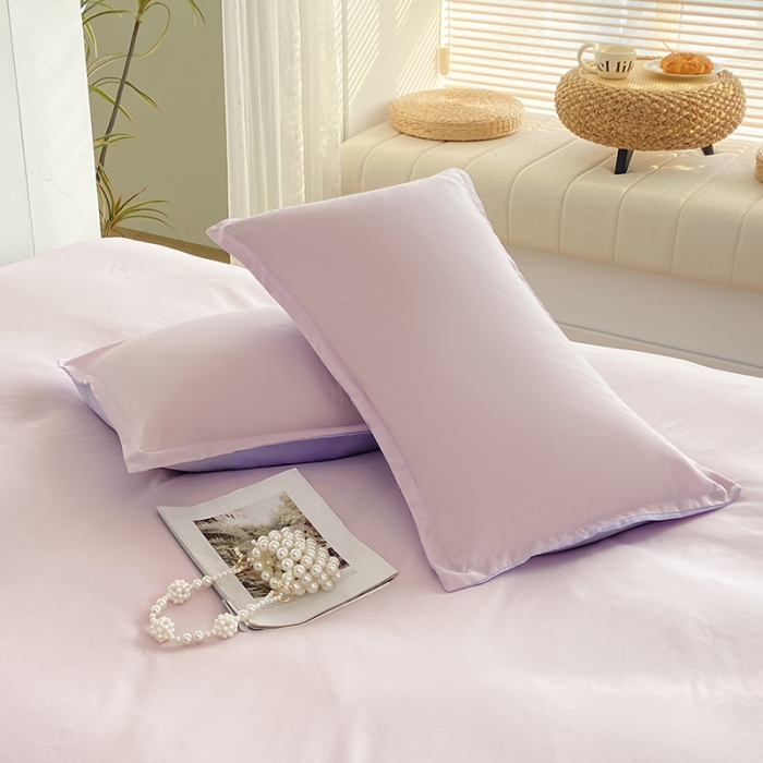 91家纺网 家纺一手货源 找家纺 楠沐 2025年新款纯色双拼水洗棉柔感四件套 浅粉+浅紫