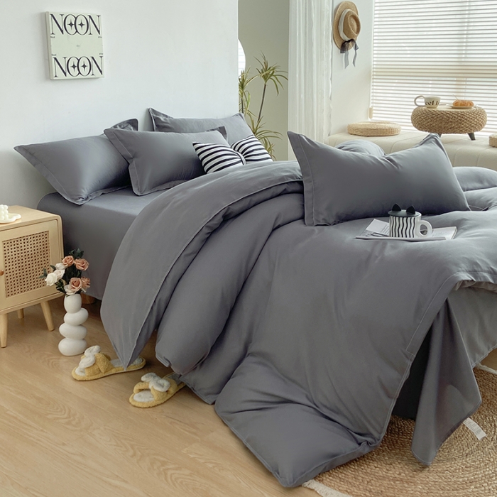91家纺网 家纺一手货源 找家纺 楠沐 2025年新款纯色双拼水洗棉柔感四件套 深灰ins