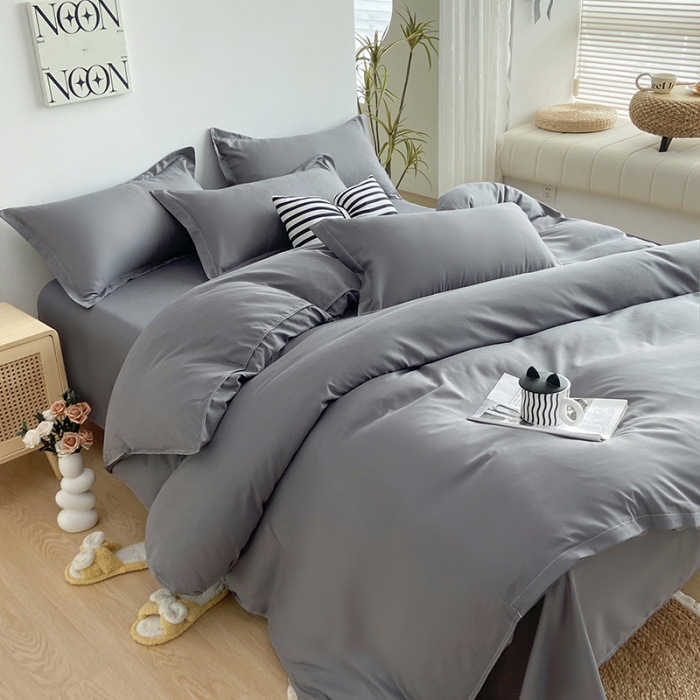 91家纺网 家纺一手货源 找家纺 楠沐 2025年新款纯色双拼水洗棉柔感四件套 深灰ins