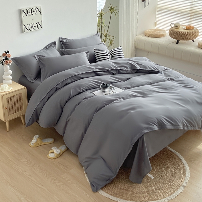 91家纺网 家纺一手货源 找家纺 楠沐 2025年新款纯色双拼水洗棉柔感四件套 深灰ins