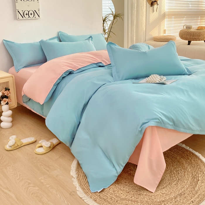91家纺网 家纺一手货源 找家纺 楠沐 2025年新款纯色双拼水洗棉柔感四件套 水蓝+浅玉