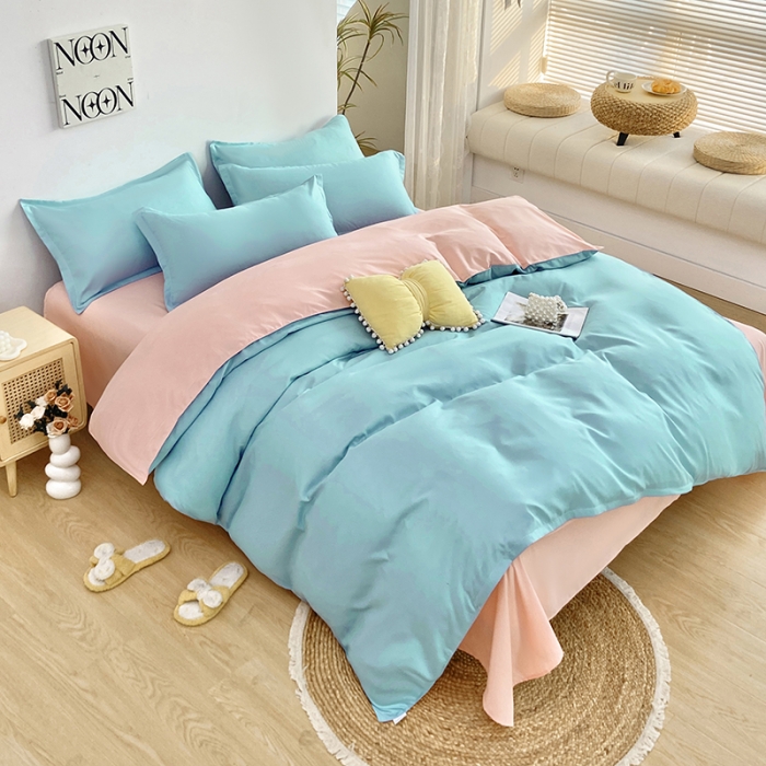 91家纺网 家纺一手货源 找家纺 楠沐 2025年新款纯色双拼水洗棉柔感四件套 水蓝+浅玉