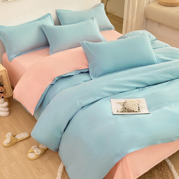 91家纺网 家纺一手货源 找家纺 楠沐 2025年新款纯色双拼水洗棉柔感四件套 水蓝+浅玉