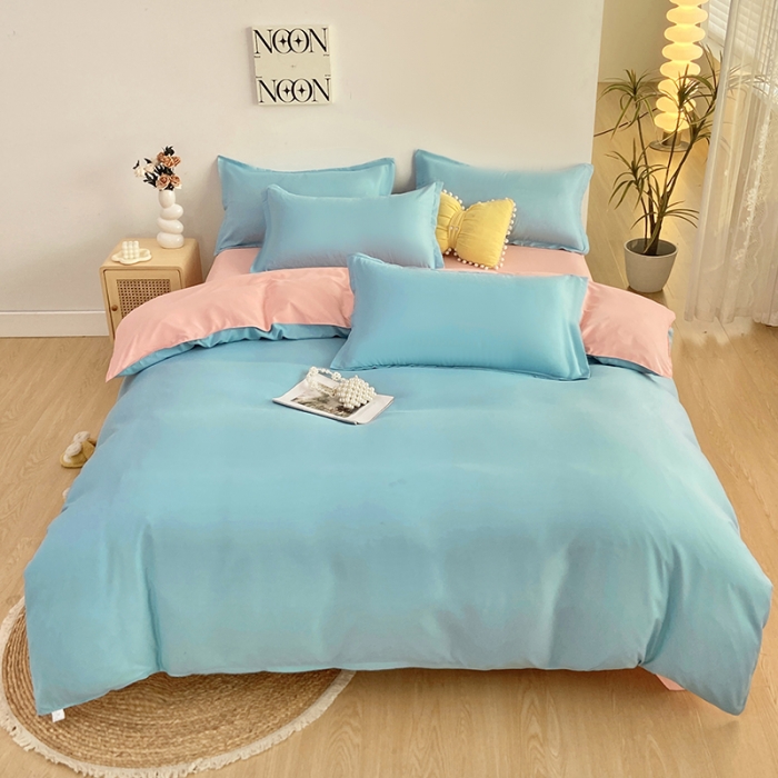 91家纺网 家纺一手货源 找家纺 楠沐 2025年新款纯色双拼水洗棉柔感四件套 水蓝+浅玉