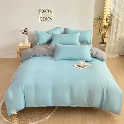 楠沐 2025年新款纯色双拼水洗棉柔感四件套 水蓝+银灰