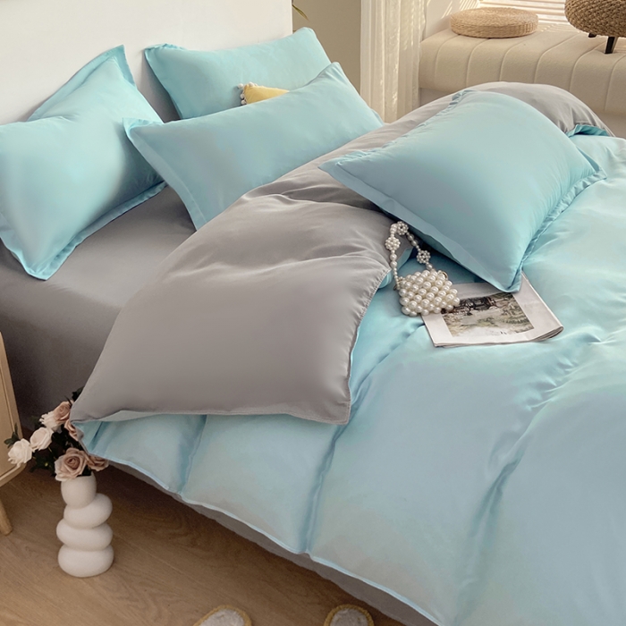91家纺网 家纺一手货源 找家纺 楠沐 2025年新款纯色双拼水洗棉柔感四件套 水蓝+银灰