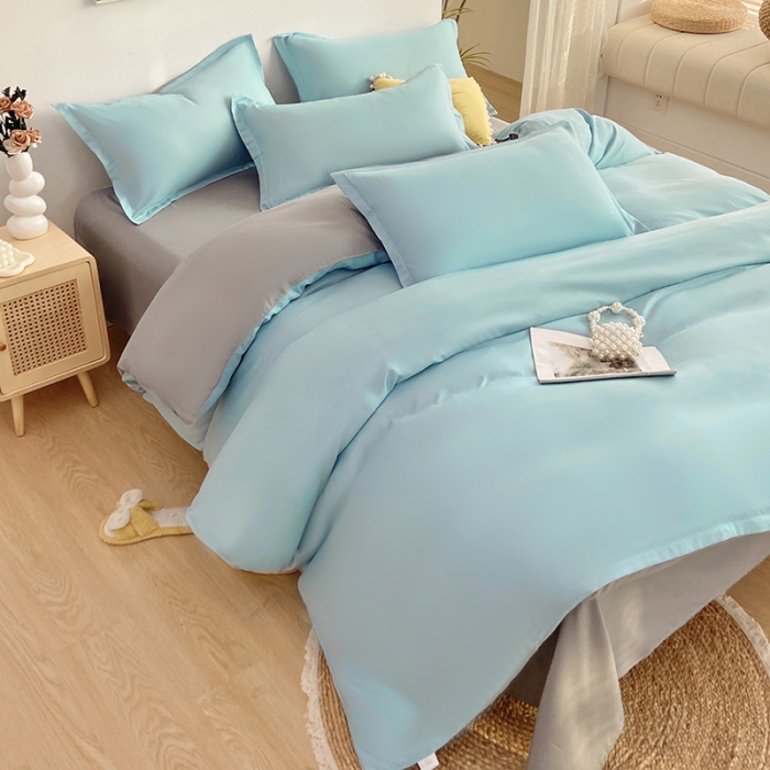 91家纺网 家纺一手货源 找家纺 楠沐 2025年新款纯色双拼水洗棉柔感四件套 水蓝+银灰