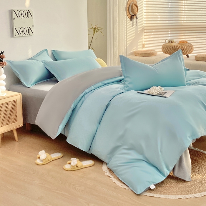 91家纺网 家纺一手货源 找家纺 楠沐 2025年新款纯色双拼水洗棉柔感四件套 水蓝+银灰