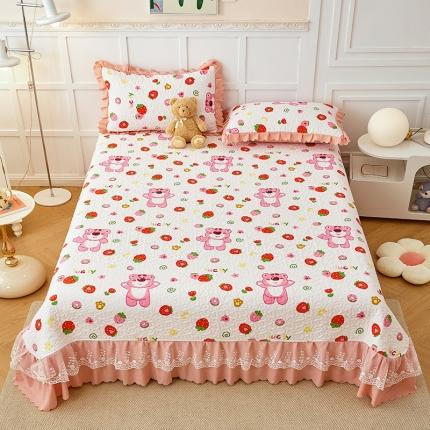 将钰家纺 2023新款水洗棉蕾丝花边床裙夹棉绗缝单床盖床罩三件套 草莓熊