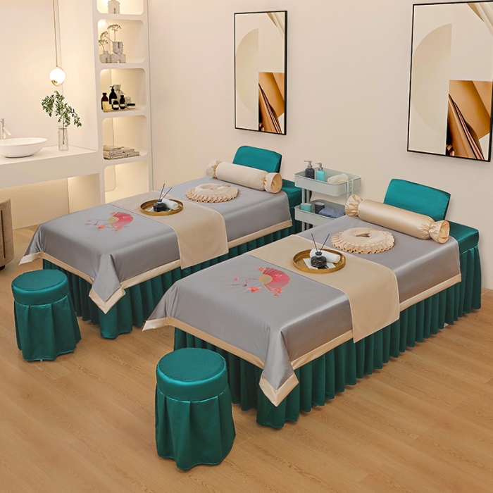 91家纺网 家纺一手货源 找家纺 不打烊 2023新款冰丝美容床罩系列套件—扇子款（此款控价188） 扇子款灰+孔雀蓝 被套灰色