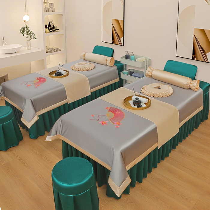 91家纺网 家纺一手货源 找家纺 不打烊 2023新款冰丝美容床罩系列套件—扇子款（此款控价188） 扇子款灰+孔雀蓝 被套灰色