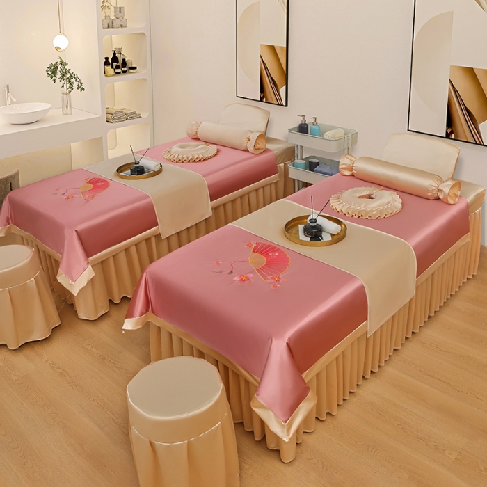 91家纺网 家纺一手货源 找家纺 不打烊 2023新款冰丝美容床罩系列套件—扇子款（此款控价188） 扇子款玉+香槟金 被套玉色