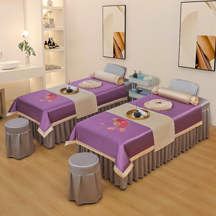 91家纺网 家纺一手货源 找家纺 不打烊 2023新款冰丝美容床罩系列套件—扇子款（此款控价188） 扇子款紫+灰色 被套紫色