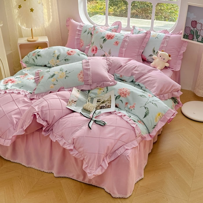 91家纺网 家纺一手货源 找家纺 金米诺 2024新款蝴蝶结韩版蕾丝花边床裙四件套 思郁法情-浅蓝