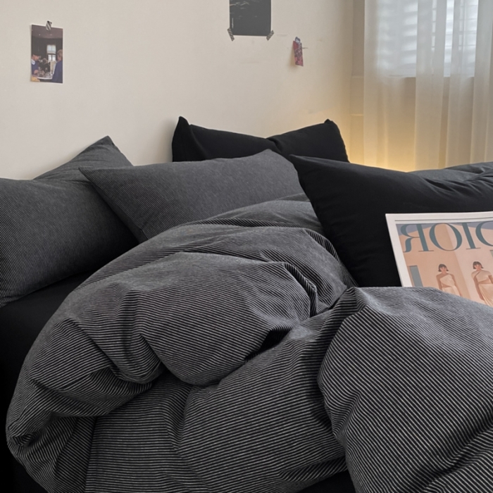 91家纺网 家纺一手货源 找家纺 柠萌家居 2023新款全棉色织暗黑黑色条纹四件套 黑极细条