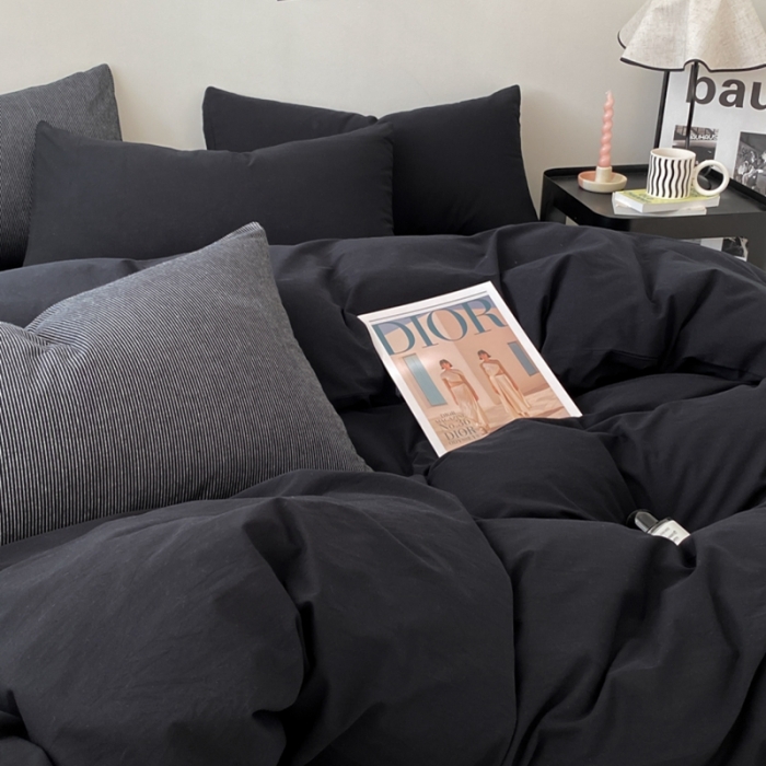 91家纺网 家纺一手货源 找家纺 柠萌家居 2023新款全棉色织暗黑黑色条纹四件套 色织暗黑