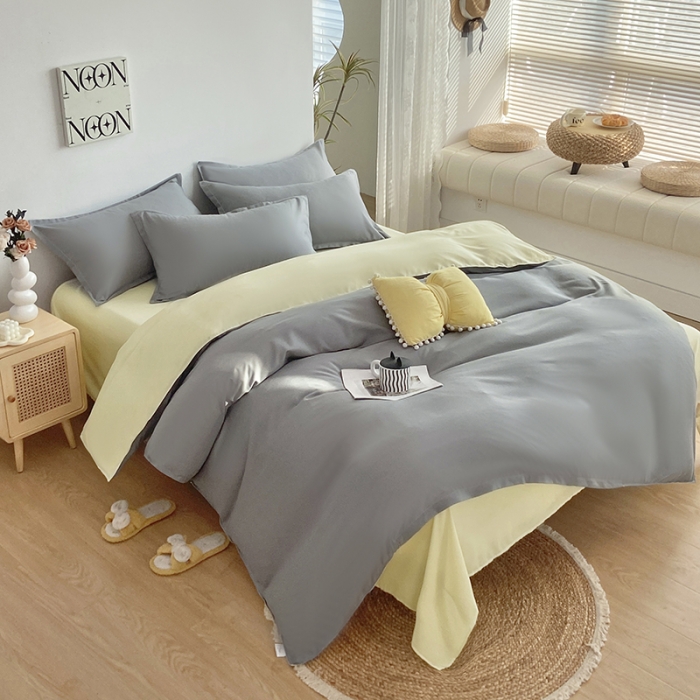 91家纺网 家纺一手货源 找家纺 楠沐 2025年新款纯色双拼水洗棉柔感四件套 米黄+浅灰