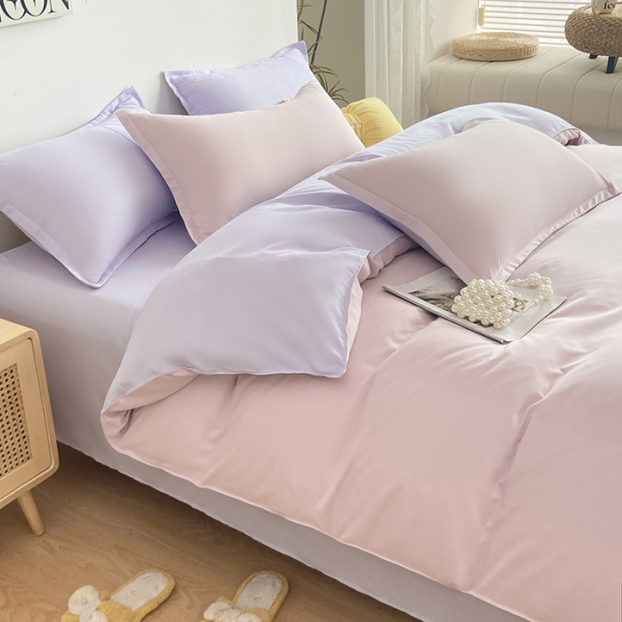 91家纺网 家纺一手货源 找家纺 楠沐 2025年新款纯色双拼水洗棉柔感四件套 浅粉+浅紫