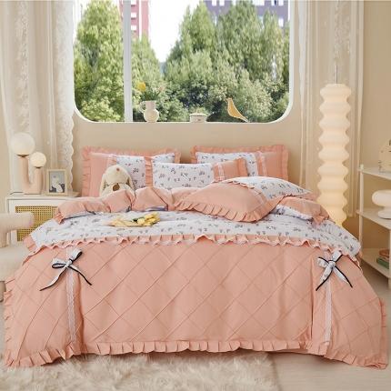 91家纺网 家纺一手货源 找家纺 靓生活 2023新款贡棉浪漫花边印花四件套 锦香婷-沁蓝