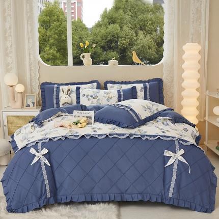 91家纺网 家纺一手货源 找家纺 靓生活 2023新款贡棉浪漫花边印花四件套 澜叶-珍珠白