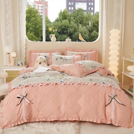 91家纺网 家纺一手货源 找家纺 靓生活 2023新款贡棉浪漫花边印花四件套 洛阳花开-米驼