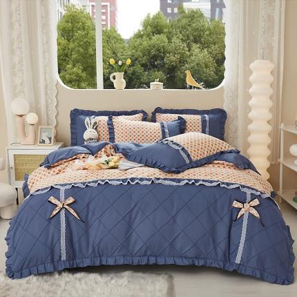 91家纺网 家纺一手货源 找家纺 靓生活 2023新款贡棉浪漫花边印花四件套 蒙德里安-香桔