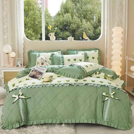 91家纺网 家纺一手货源 找家纺 靓生活 2023新款贡棉浪漫花边印花四件套 米可-苹果绿