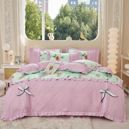 91家纺网 家纺一手货源 找家纺 靓生活 2023新款贡棉浪漫花边印花四件套 思郁法情-浅蓝