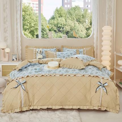 91家纺网 家纺一手货源 找家纺 靓生活 2023新款贡棉浪漫花边印花四件套 苏雅-天空蓝