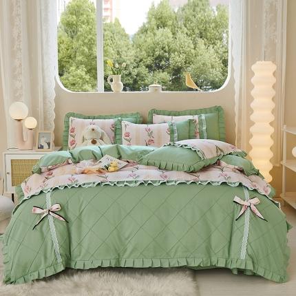 91家纺网 家纺一手货源 找家纺 靓生活 2023新款贡棉浪漫花边印花四件套 泫雅-樱桃粉