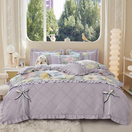 91家纺网 家纺一手货源 找家纺 靓生活 2023新款贡棉浪漫花边印花四件套 雨后花园-清新灰