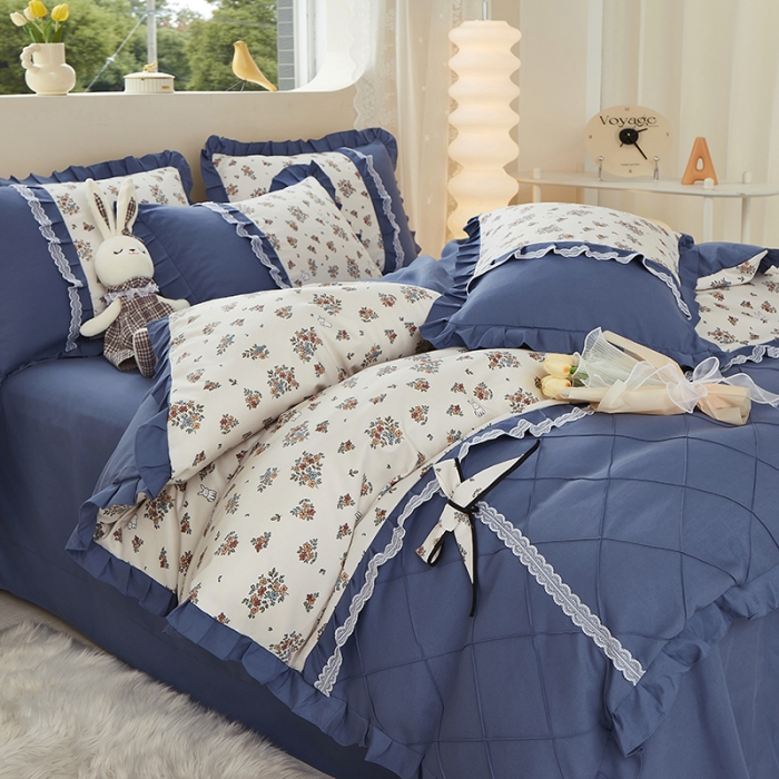 91家纺网 家纺一手货源 找家纺 靓生活 2023新款贡棉浪漫花边印花四件套 爱丽丝花园