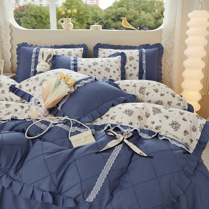 91家纺网 家纺一手货源 找家纺 靓生活 2023新款贡棉浪漫花边印花四件套 爱丽丝花园