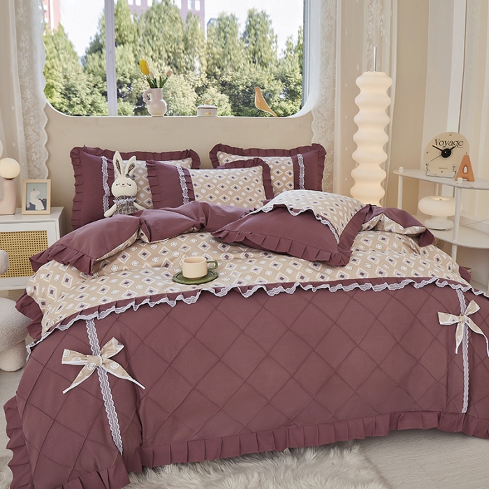 91家纺网 家纺一手货源 找家纺 靓生活 2023新款贡棉浪漫花边印花四件套 浮城迷恋-绿灰