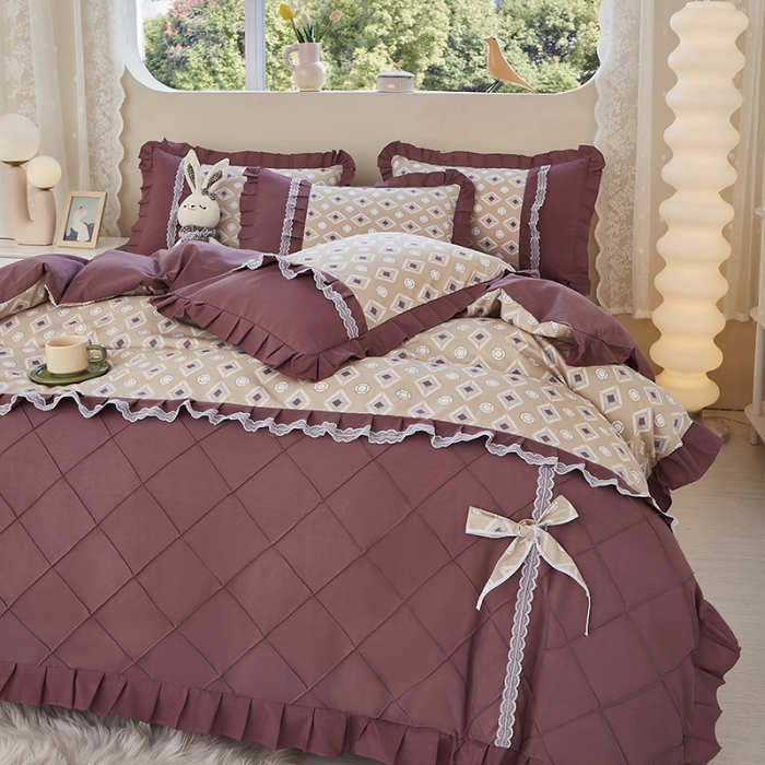 91家纺网 家纺一手货源 找家纺 靓生活 2023新款贡棉浪漫花边印花四件套 浮城迷恋-绿灰