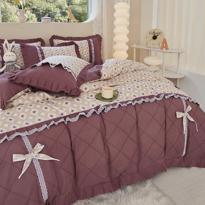 91家纺网 家纺一手货源 找家纺 靓生活 2023新款贡棉浪漫花边印花四件套 浮城迷恋-绿灰