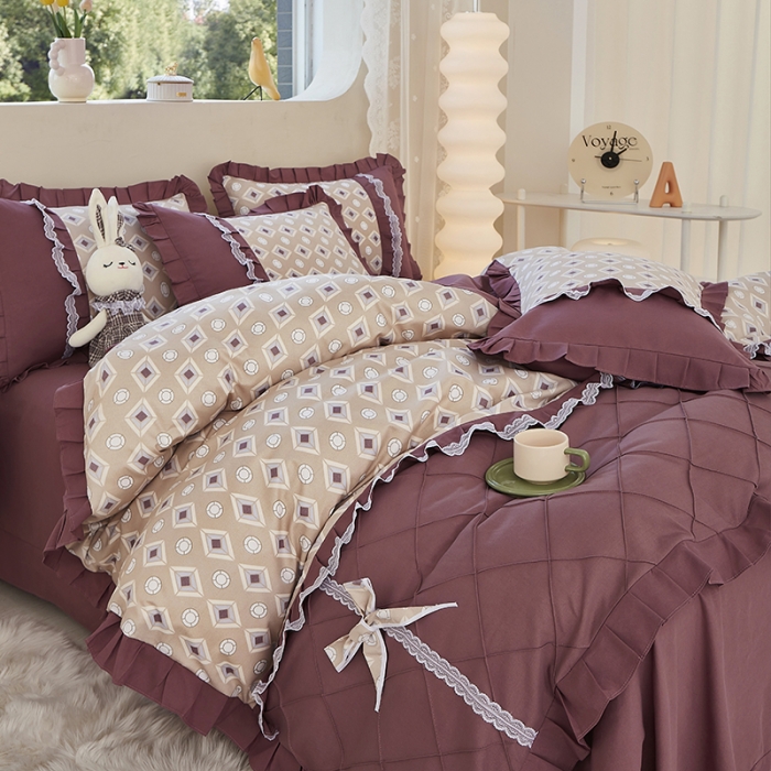 91家纺网 家纺一手货源 找家纺 靓生活 2023新款贡棉浪漫花边印花四件套 浮城迷恋-绿灰