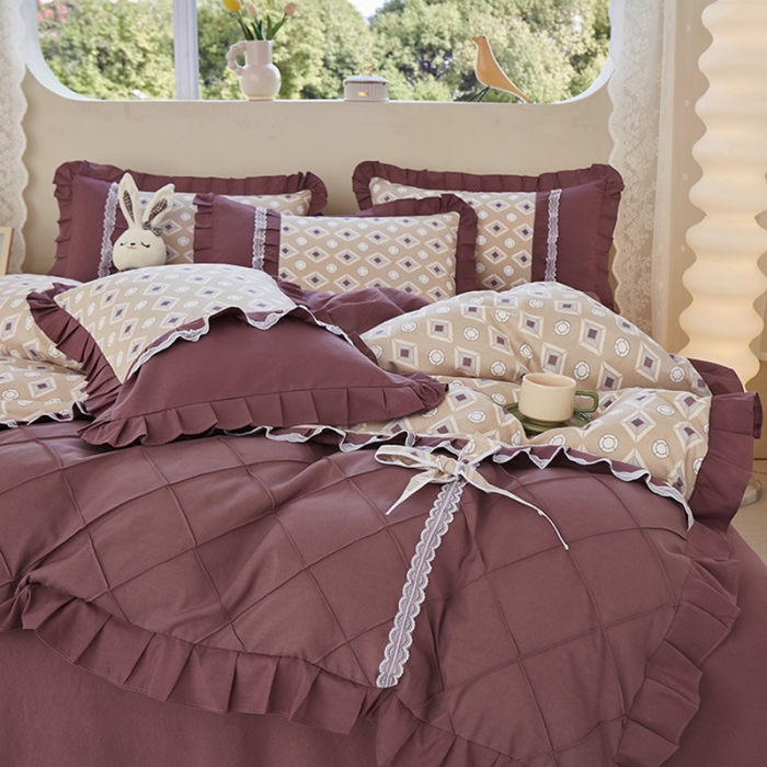 91家纺网 家纺一手货源 找家纺 靓生活 2023新款贡棉浪漫花边印花四件套 浮城迷恋-绿灰